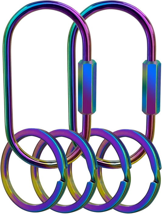 Key Chain, Brass Key Rings 2 Pack Screw Lock Key Organizer with 4 Rings Carabiner Keychain Clip for Men and Women