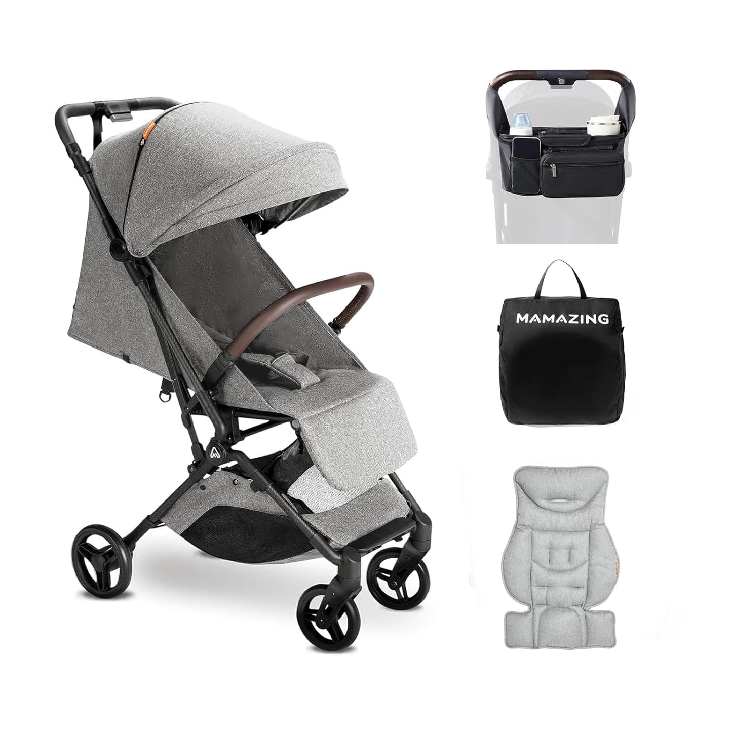 Lightweight Baby Travel Stroller with Carbon Fiber Frame, Compact & Airplane-Friendly, One-Handed Folding Design, 11.6 lbs, Perfect for Toddlers, Organizer & Cushion Included, Grey