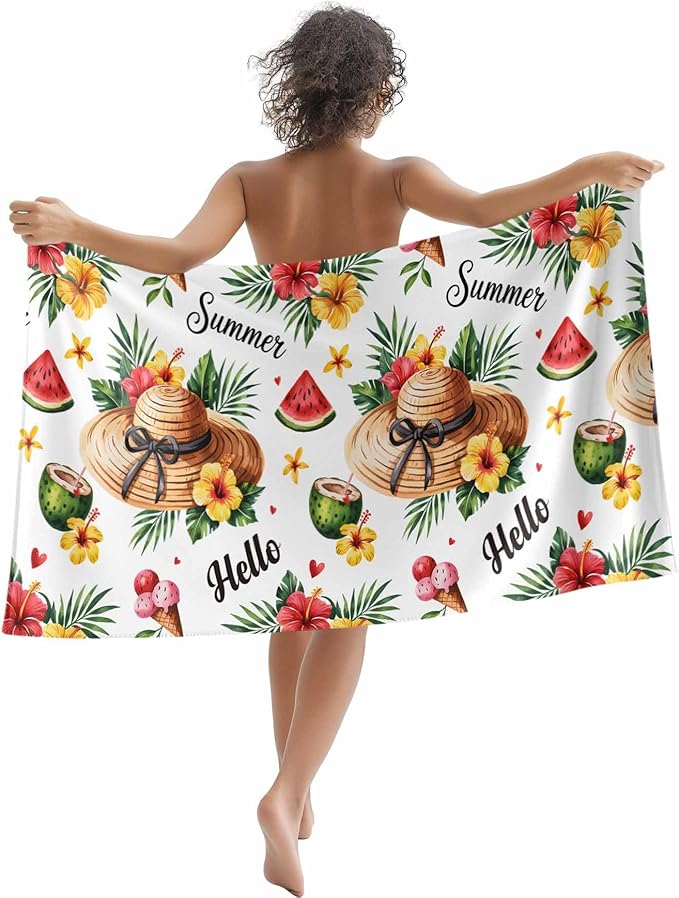 Summer Tropical Plants Beach Towel 35" x 71" Hibiscus Flowers Watermelon Pattern Quick Dry Sand Free Pool Towels Soft & Absorbent Compact Towels Beach Accessories for Travel Bathroom Swimming Pool