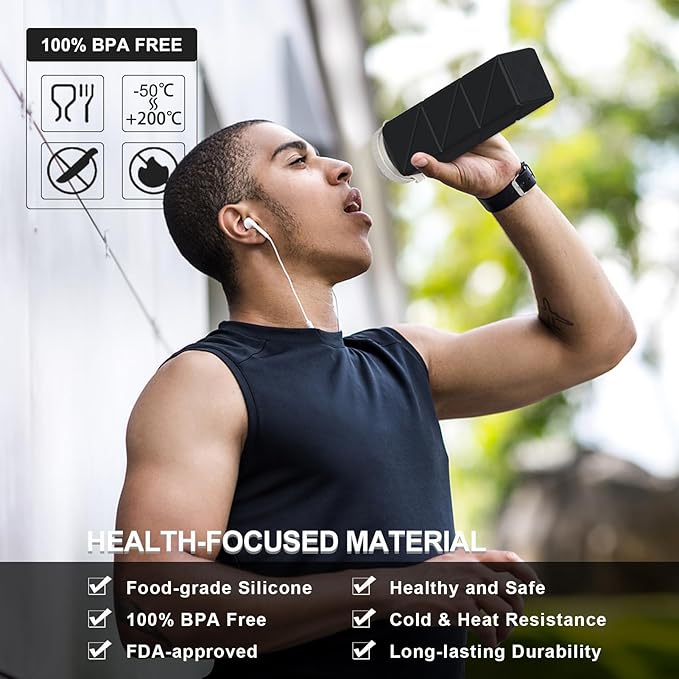 Collapsible Water Bottles 20.6oz, Silicone Foldable Portable Travel Water Bottle, BPA-Free, Leakproof Reusable for Traveling Camping Hiking Cycling Yoga Sports Outdoor, 1 Pack (Black)