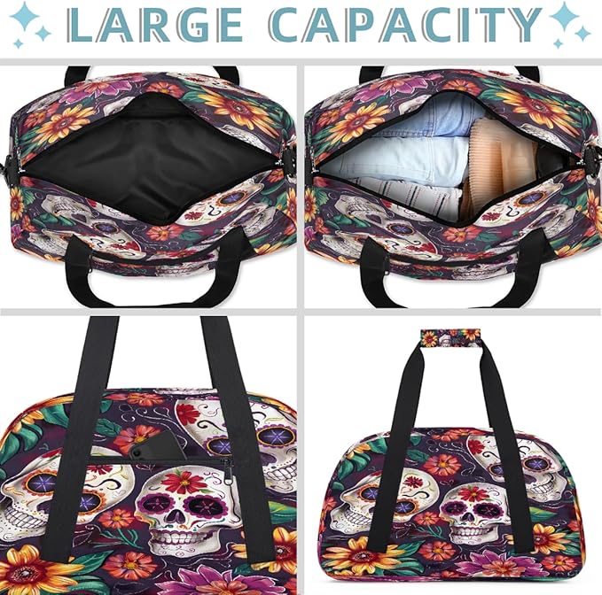 Travel Duffle Bag for travel duffle bag sports Girls Boys Kids Gothic Candy Skull Flowers Lightweight Overnight Sleepover Weekender Bags Small Dance Gym Sport Bag Teens Carry-On Size Workout Bag