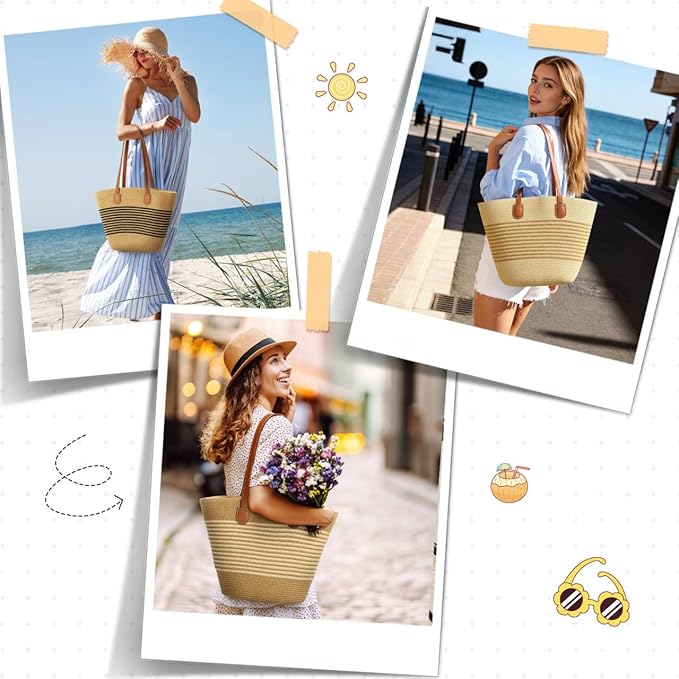 Trifabricy Beach Bags for Women, Summer Straw Beach Bag Straw Purse Shoulder Handbags Large Beach Tote for Summer Vacation