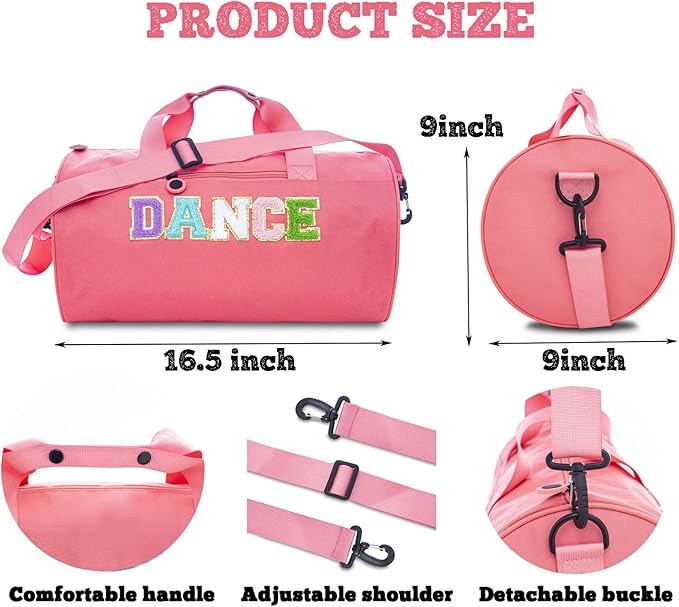 Large Size Dance Ballet Bag for Girls Toddler Teens,Dancing/Gymnastic/Cheer Kids Bag with Chenille Letters,Lightweight Spacious Toddler Duffle Sport Gym Overnight,16.5"Lx9"Wx9"H（Pink)