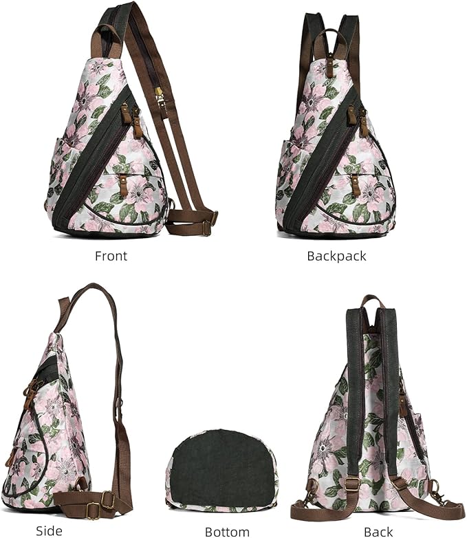 KL928 Canvas Sling Bag - Small Crossbody Backpack Shoulder Casual Daypack Rucksack for Men Women(Embroidery Pink)
