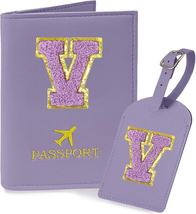 COSHAYSOO Initial Passport Cover Luggage Tag Set Letter Passport Holder Airplane Cruise Travel Essentials Vacation Traveling Accessories Personalized Gifts for Women Teen College Girls Purple V