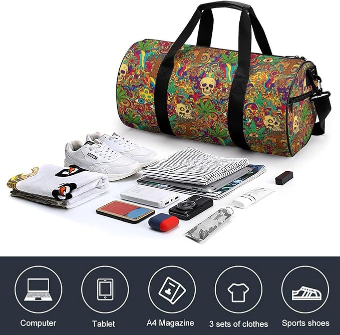 Lightweight Travel Sports Carry On Bag Colorful Skull Weedleaf Leaf Art Basketball Football Weekender Bag Sport Gym Fitness Tote