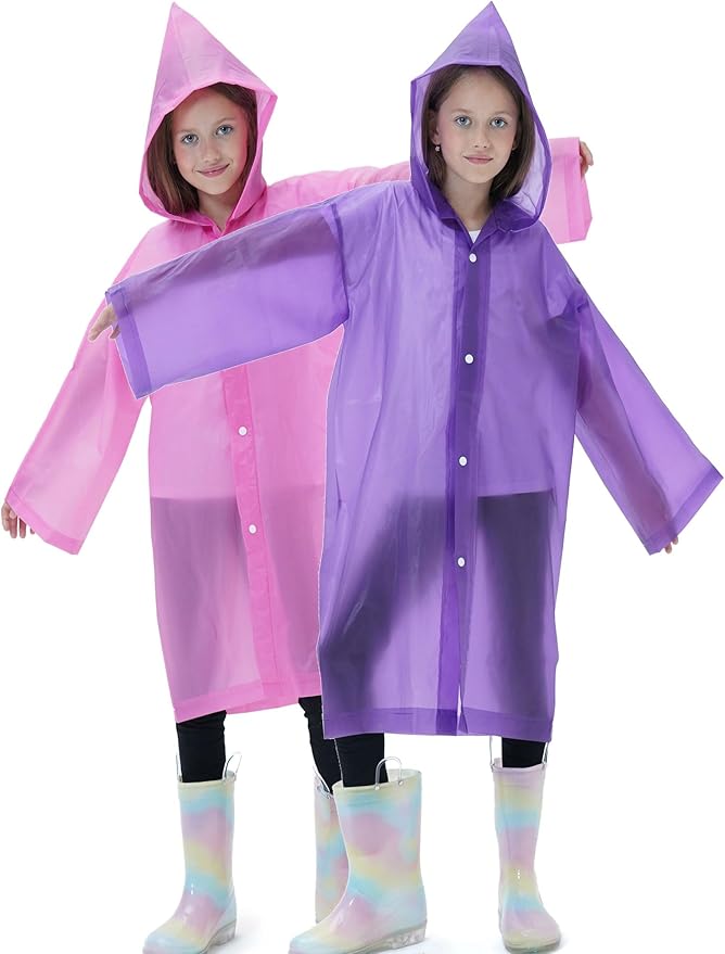 2 Pack Raincoats for Kids, Reusable Rain Ponchos with Hood and Sleeves Rain Coats for Boys and Girls