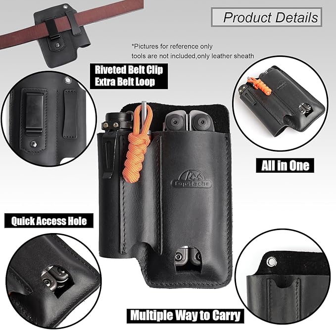 Topstache Leather Multitool Sheath with Belt Clip - Leather Multitool Pouch for Belt - EDC Belt Organizer - Multitool Holster Fits Multitool, Flashlight, Pen - Leather Multitool Holder - Black