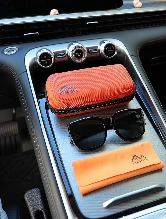 Large Double Eyeglasses Case, Shockproof Hard EVA Shell Dual Sunglasses Organizer with Zipper & Metal Hanging Hook, Travel Glasses Storage Case for Men and Women - Orange