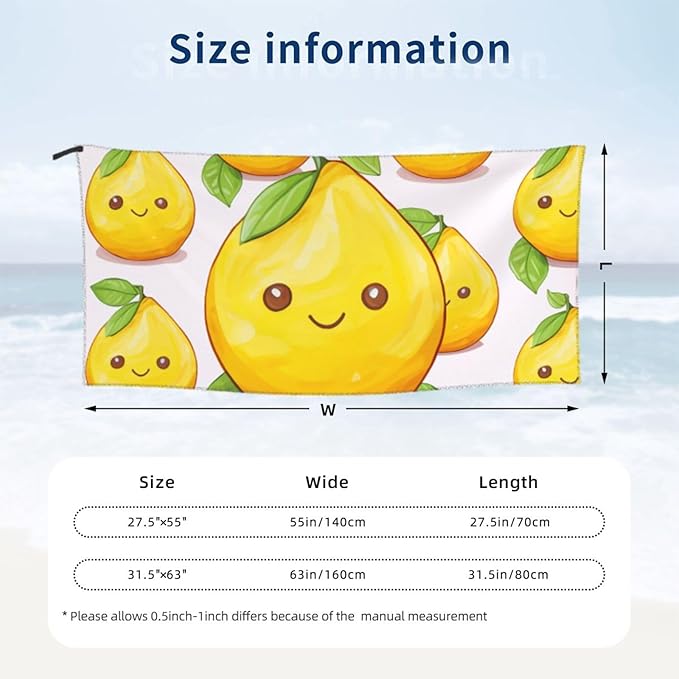 Beach Towel Sand Free Quick Dry Towel Microfiber Oversized Yellow Lemon Travel Towel 27.5""X55"" Absorbent Bath Towel Compact Towel Blanket for Women Men Camping Swim Sports, White