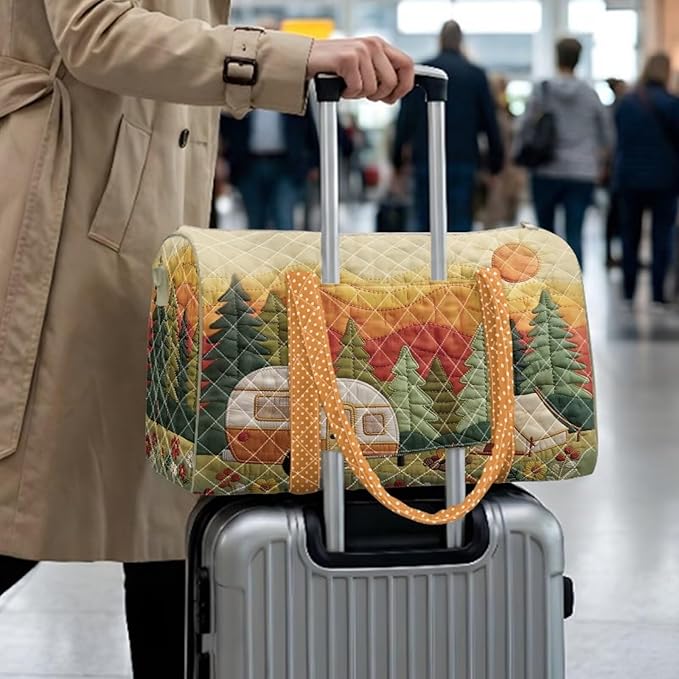 COEQINE Quilted Duffle Bag For Women Travel Quilted Tote Bag Large Car Orange Camper Vans Forest Print Overnight Luggage Bag with Trolley Sleeve