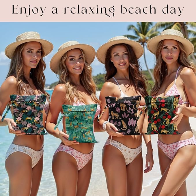 4 Pack Wet Bag for Swimsuit, Beach Travel Essentials Wet Dry Bag, for Sunscreen Toiletry Dirty Clothes Yoga Gym Diaper, Friend Summer Beach Vacation Gifts. Leopard Series