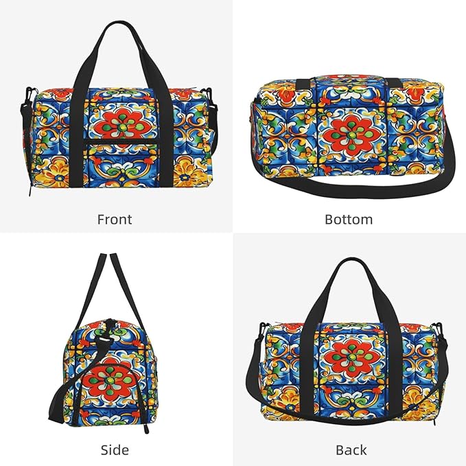 Sports Gym Bag Mexican Talavera Tiles Ethnic Travel Duffel Bag With Shoe Compartment Shoulder Strap, Lightweight Water-Resistant Weekend Overnight Totes For Women Men