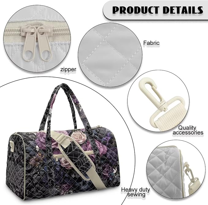 COEQINE Halloween Purses for Women Travel Quilted Duffle Print Travel Gym Bag Black Gothic Floral Skull Gothic Purse Large Packable Travel Bag