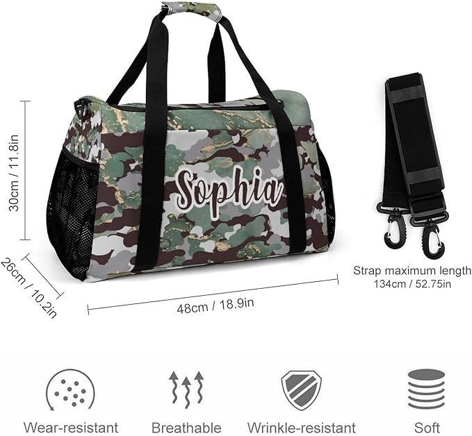 Personalized Green Camouflage Camo Pattern Duffle Bag with Name for Women Man Custom Multifunctional Travel Perform Training Bag Luggage Bag