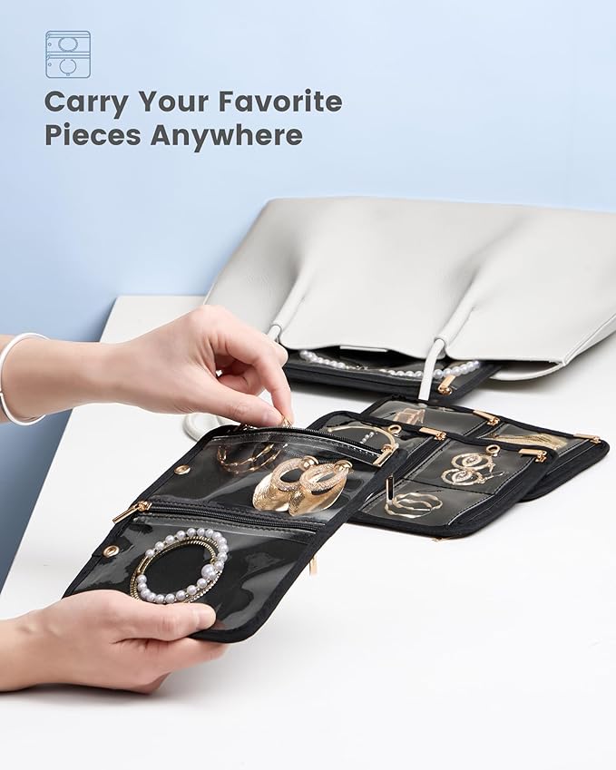 Lolalet Travel Jewelry Organizer Storage Bags, 4 Pcs Transparent Velvet Pouches with Compartments & Zippers for Jewelry Display of Earrings, Rings, Necklaces & Bracelets for Girls Women -Black