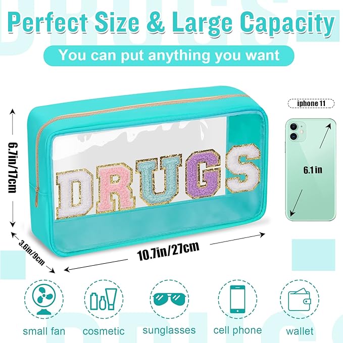 Chenille Letter Clear Makeup Bags Drugs Pouch, Preppy Patch Makeup Bag with Zipper, Transparent PVC & Nylon Waterproof Portable Glitter Cosmetic Bag Travel Toiletry Storage for Women Girl(DRUGS-Green)