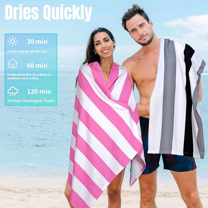 cabanana Large Oversized Beach Towel - Microfiber Sand Free 35 x 70 Inch Quick Dry Lightweight Pool Towel for Adults, Thin Striped Swim Towel (Pink White)