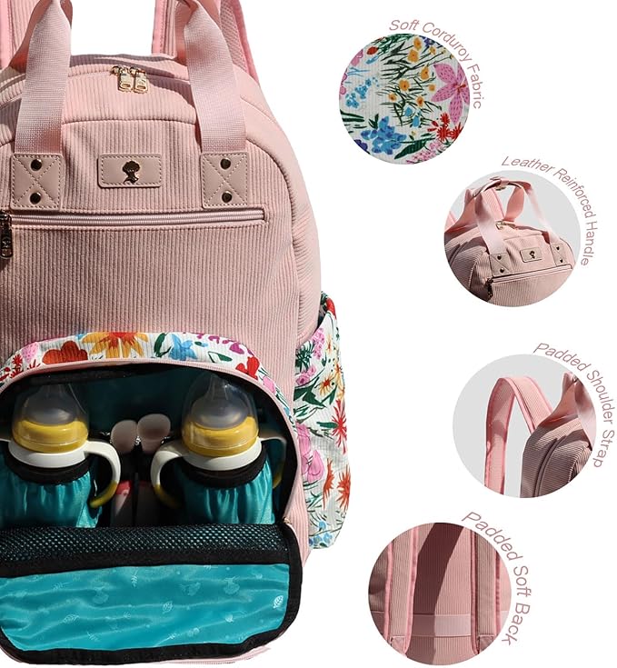 Diaper Bag Backpack, Large Capacity Multifunction Baby Essentials Fashion Travel Pack Linen Canvas office Laptop Bag (Corduroy A Pink Flower)