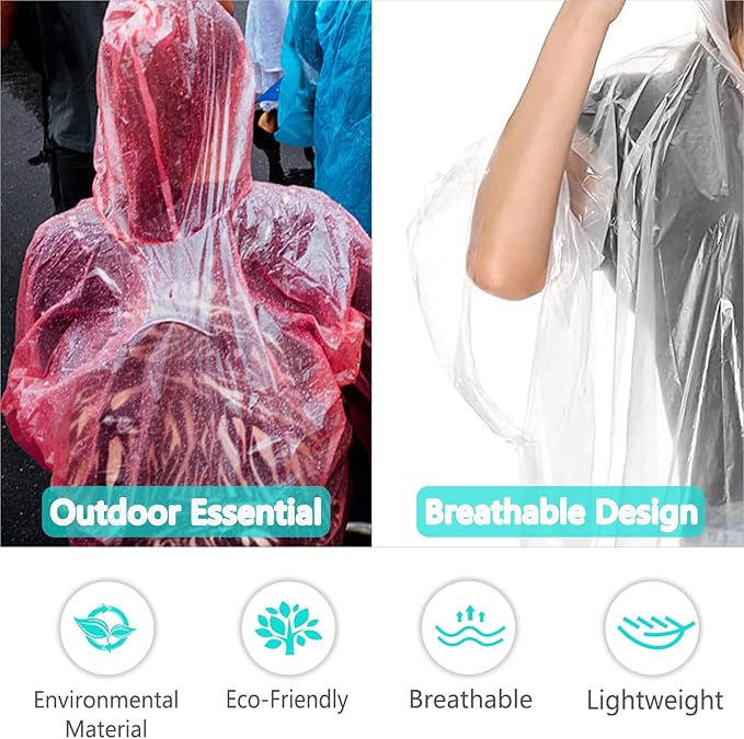 Disposable Rain Ponchos for Adult, Rain Poncho with Drawstring Hood, Emergency Rain Ponchos for Adult