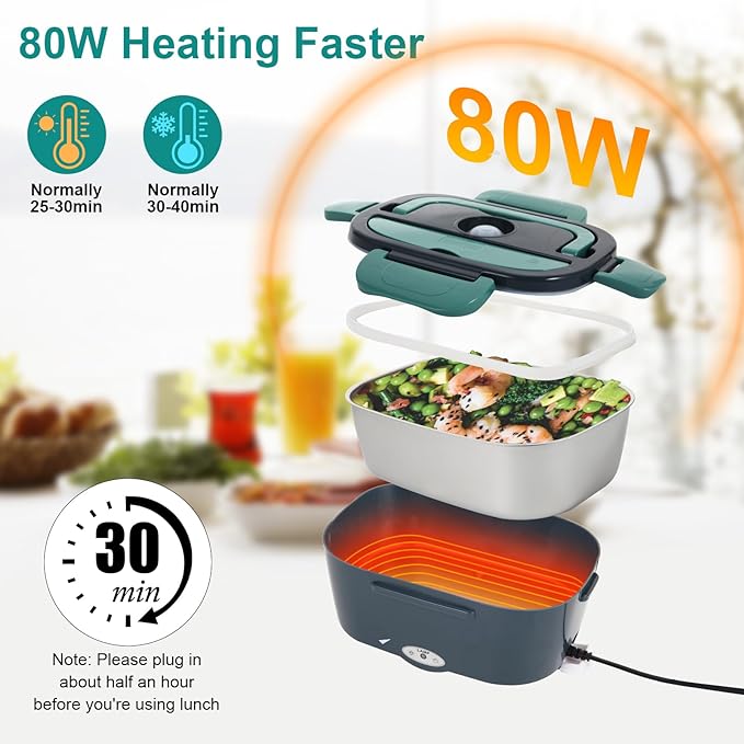 Electric Lunch Box Food Heater, 80W Portable Warmer for Car Truck Work with 304 Stainless Steel Container, 12V/24V/110V Green Heated Lunch Box Suitable for Ideal Driver/Work/Gift