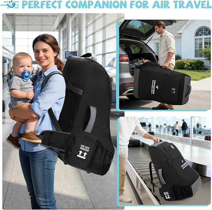 RAINSMORE Car Seat Travel Bag for Airplane Padded Carseat Backpack Heavy-duty Car Seat Cover for Air Travel Infant Car Seat Carrier Bag with Shoulder & Waist Strap, Fits Most Car Seat & Booster Seats
