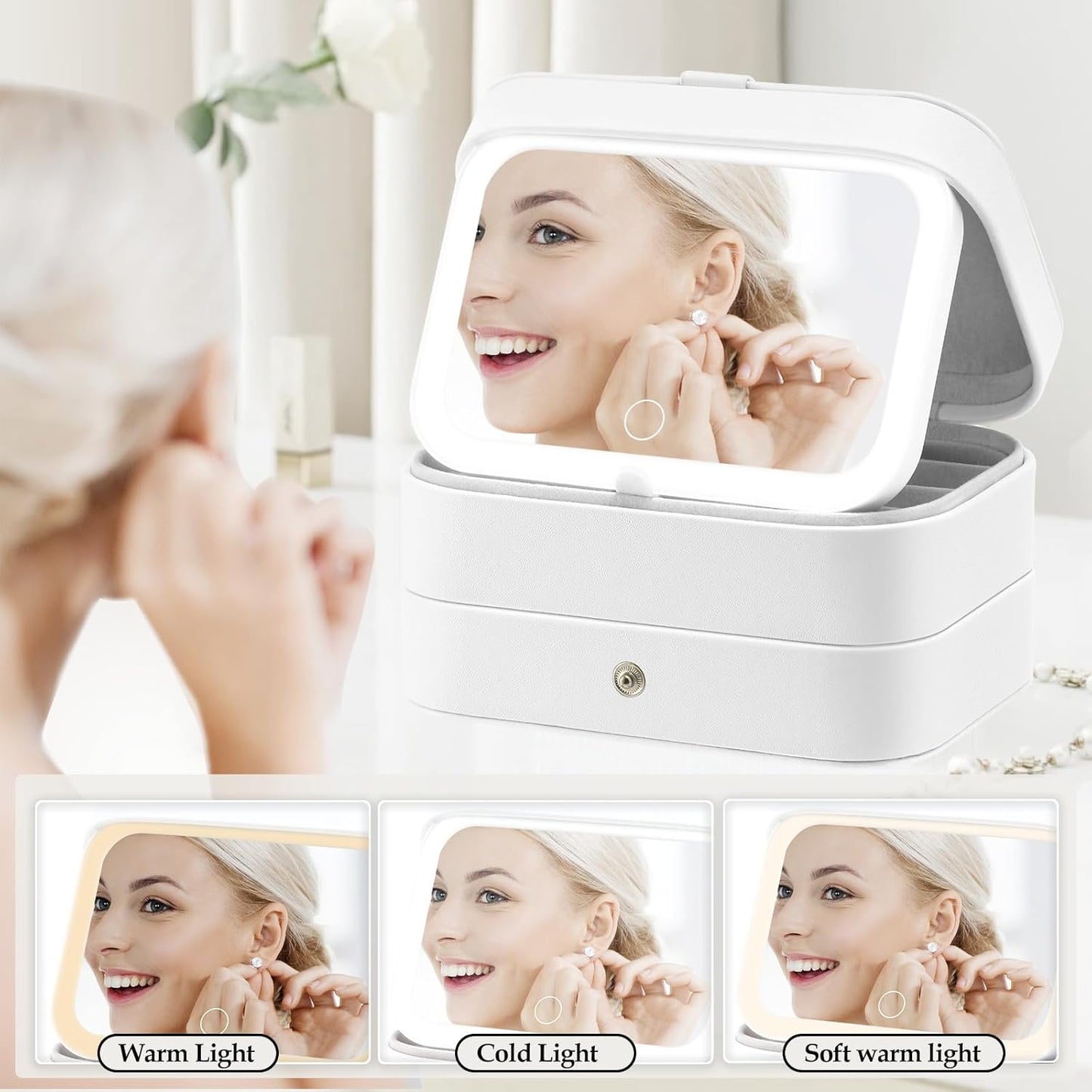 Travel Jewelry Case with LED Lighted Mirror, Portable Travel Jewelry Organizer, 2-Layer Jewelry Box for Earrings Necklace Bracelet Rings, Birthday Gifts for Women Girls Kids (White)