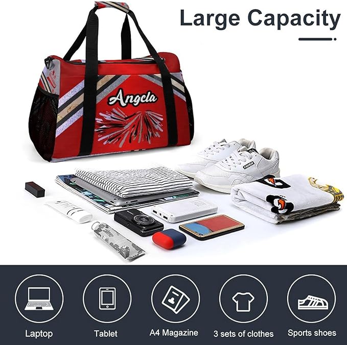 Waterproof Gym Bags Custom Cheerleaders Red Maroon Cheerleadings Duffel Bag with Name Adjustable Shoulder Strap Travel Bag for Teens Training Bag