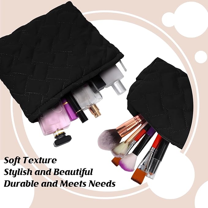 2 Pc Makeup Bag Set Cute Quilted Cosmetic Pouch for Women Travel Toiletry Bag Preppy Small Makeup Purse Pouch Skincare Brushes Storage Organizer Pencil Case Set (Knitted,Quilted,Black)
