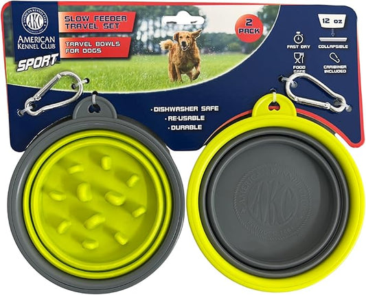 American Kennel Club 2-Pack Collapsible Travel Bowls for Dogs – Gray/Green, Portable Food & Water Bowls