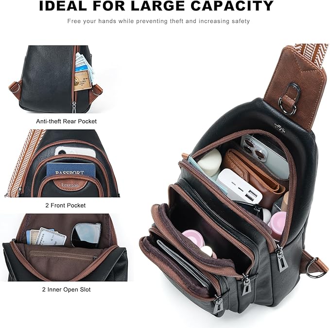 10L Crossbody Sling Bag for Women Men Anti Theft Cross Body Fanny Pack Belt Bag Purse Gifts for Women Faux Leather, Black Brown