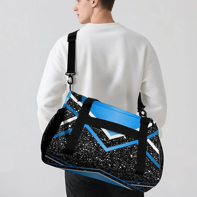 Custom Blue Black White Cheer Cheerleaders Duffel Bag with Name Adjustable Shoulder Strap Casual Bag for Teens Adults Handheld Crossbody Travel Bag