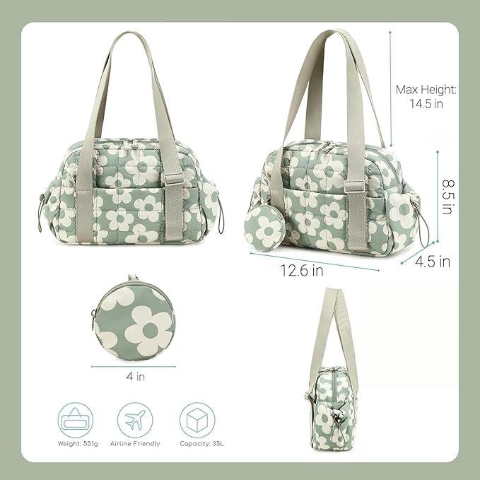 CAMTOP Mini Gym Bag for Women, Small Gym Tote Bag Puffy Quilted Sports Duffel Bag with Wet Compartment and Coin Purse Duffel Bags Dance Yoga Workout Bag for Gifts (Green Flower, Mini-12.6")