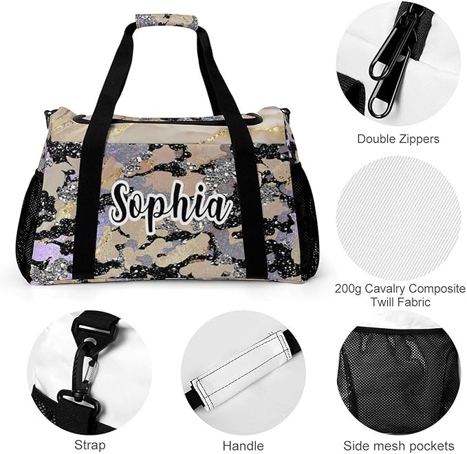 Khaki Grey Camo Sparkle Print Waterproof Duffel Bag, Adjustable Shoulder Strap Pack, Perform Training Travel Bag for Teens Adults Women Men