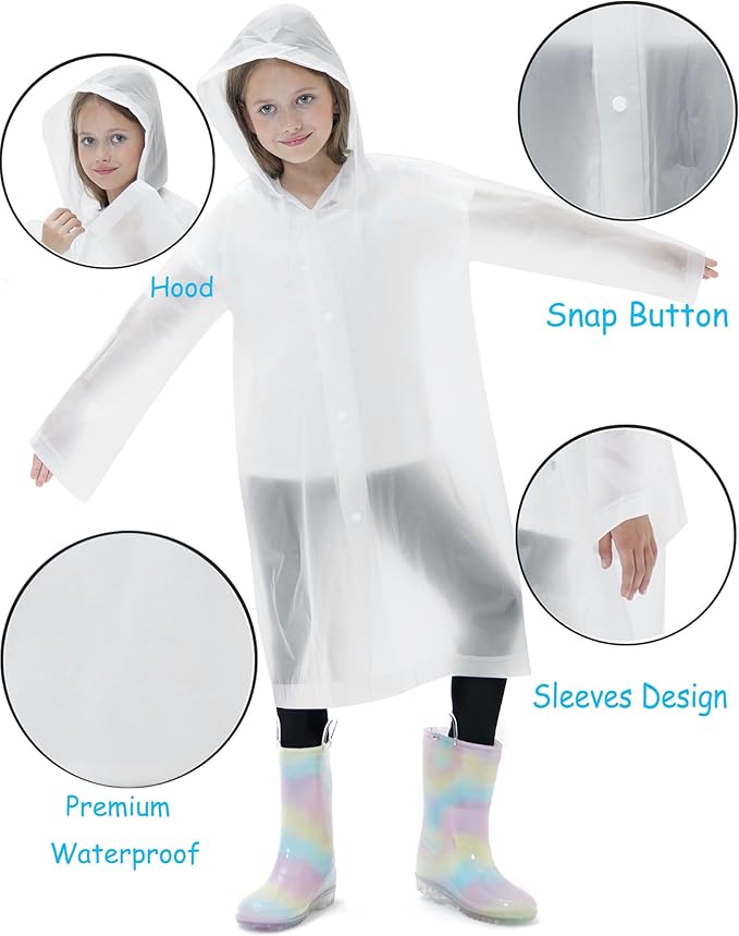 2 Pack Reusable Waterproof Raincoat EVA Emergency Rain Ponchos One Size Rain Jacket for Children, Boys and Girls