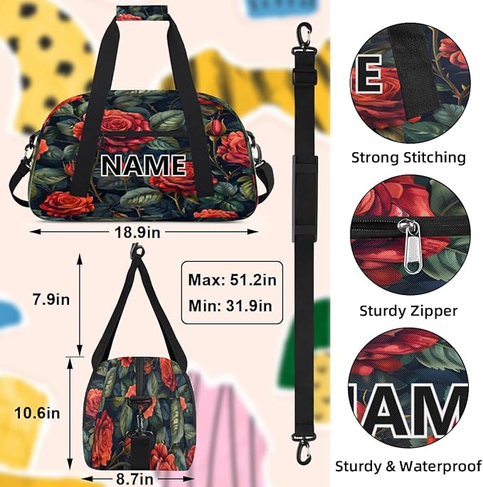 Red Roses Mini Gym Bag 18 inch for Women Men Waterproof Custom Flower Roses Red Travel Duffel Bag Carry On Overnight Tote Nurse Bag for Work Fitness Hiking