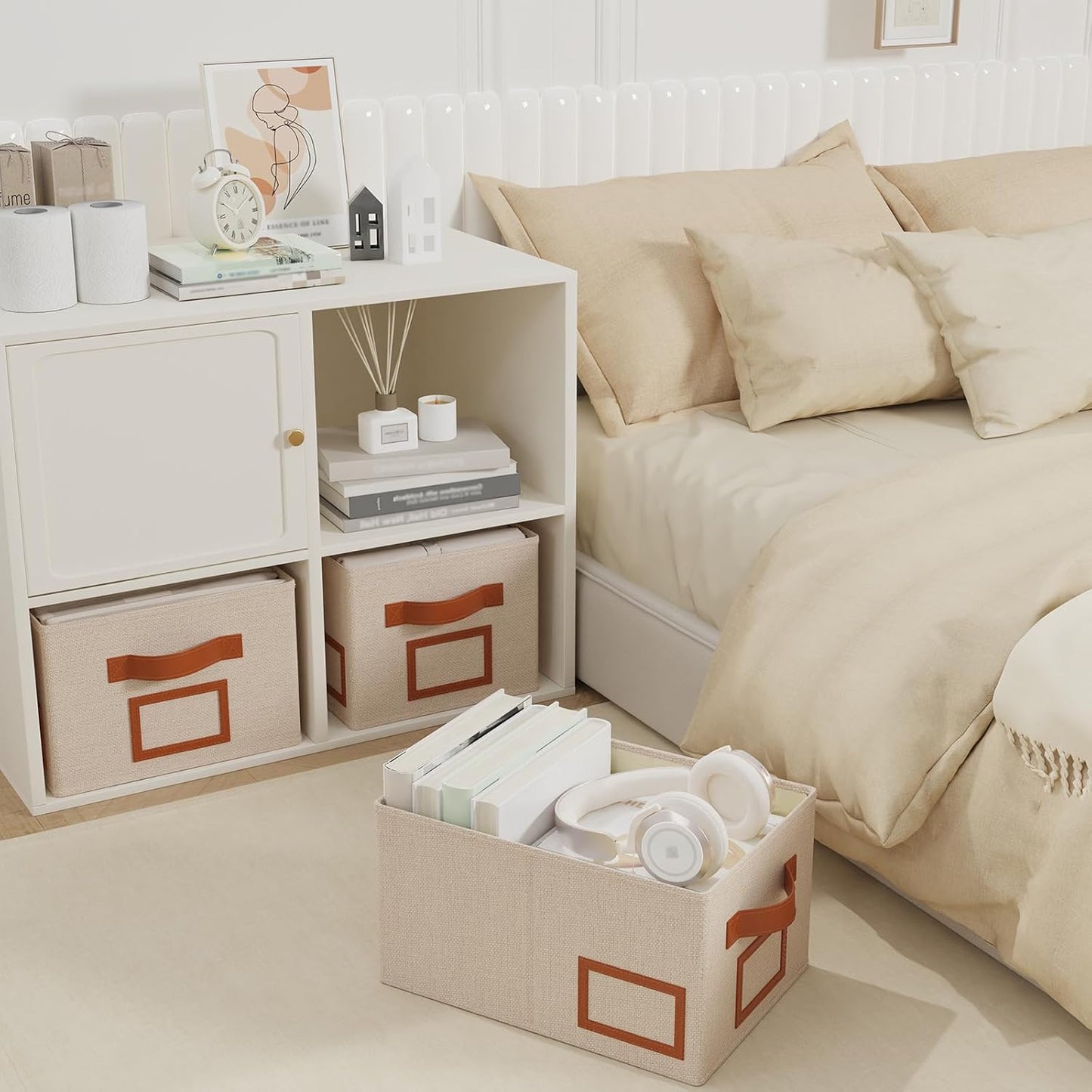 OUTBROS Foldable Storage Box for Shelves, 15 x 10.2 x 7.9 inch Fabric Baskets, Wardrobe Organiser with Handles, Suitable for Storing Clothes, Books, Cosmetics (Beige, 3-Pack)