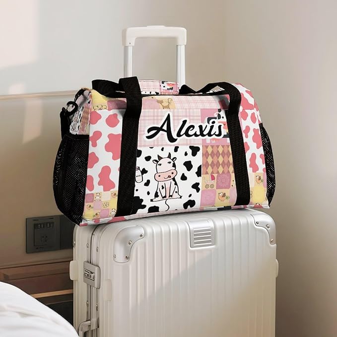 Custom Pink Red Plaid Patchwork Cow Duffel Bag with Name Adjustable Shoulder Strap Pack Handheld Crossbody Travel Bag for Teens Men Women
