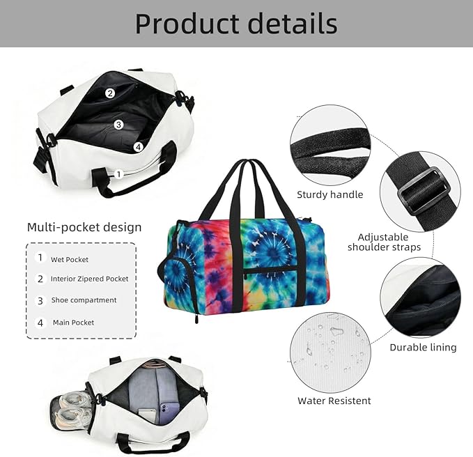 Sports Gym Bag Colorful Tie Dye Ethinic Pattern Travel Duffel Bag With Shoe Compartment Shoulder Strap, Lightweight Water-Resistant Weekend Overnight Totes For Women Men