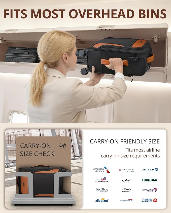 Carry On Luggage 22x14x9 Airline Approved, 20 Inch Softside Suitcase with 4 Pcs, Lightweight Luggage for Women Men with TSA Lock and 4 Spinner Wheels, Soft Side Carry-on Suitcases for Travel
