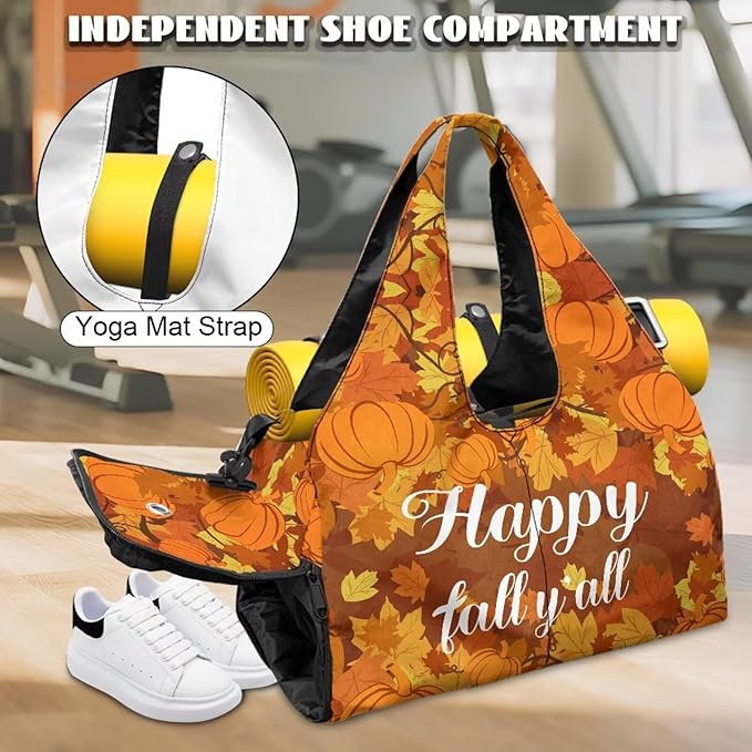 Happy Fall Pumpkins Travel Duffel Bag for Women Gym Tote Bag Luggage Carry On Weekender Bags with Shoe Compartment for Hospital Yoga Sports Workout Thanksgiving Themed Gifts