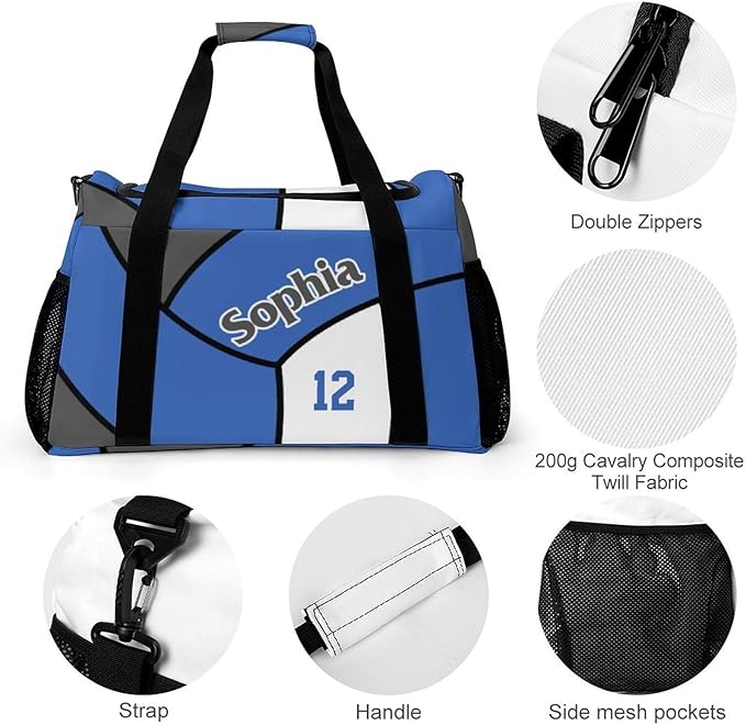 Custom Volleyball Blue Duffel Bag with Name Personalized Travel Bags Sport Gym Bag Carry On Weekender Bags for Men Women