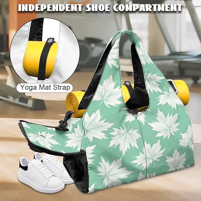 Maple Leaf Travel Duffel Bags for Women with Yoga Mat Strap, Lightweight Green Gym Bag with Shoe Compartment Wet Pocket Fitness Stylish Sport Tote Bag