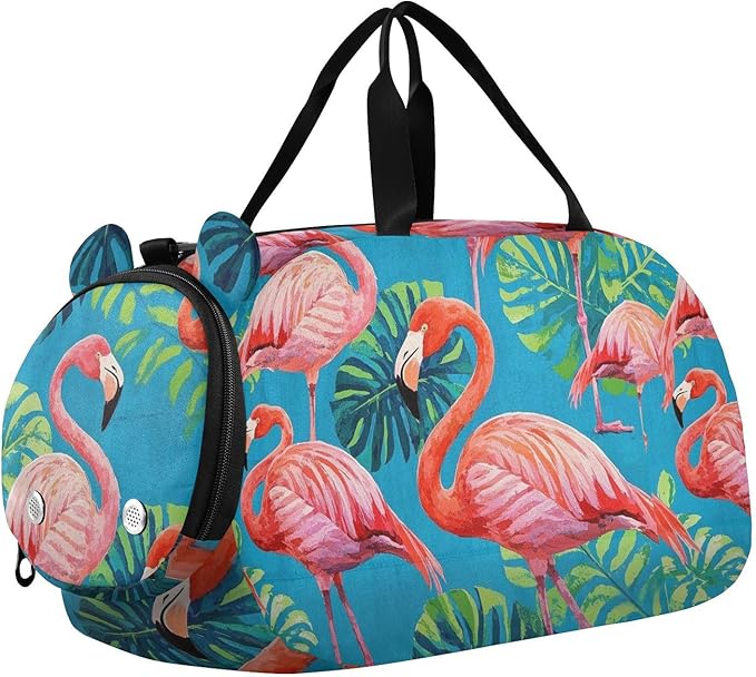 Vintage Painting Flamingos Palm Leaf Blue Boy's Gym Duffel Bag with Shoes Compartment Multifunctional Carry on Luggage for Beach Swim Bags Pool Sports