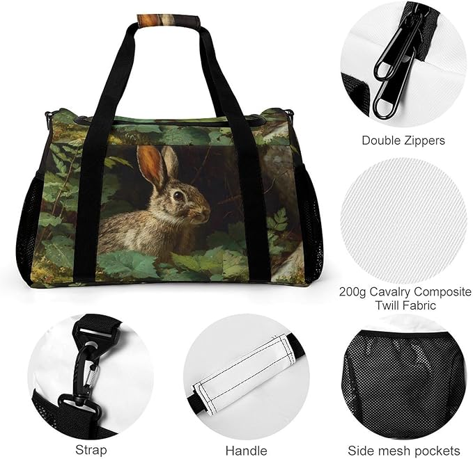 Wild Bunny Forests Leaves Plant Duffle Bag Gym Bag for Workout Travel Tote with Detachable Straps