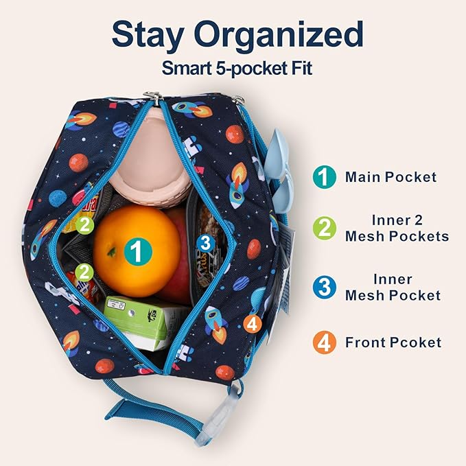 Bagseri Kids Snack Bag Boys - Small Reusable Mini Cooler Pouch, Insulated 3.9L Food Carrier with Buckle Handle for School and Daycare, Fits in Backpack, Blue Space Astronauts