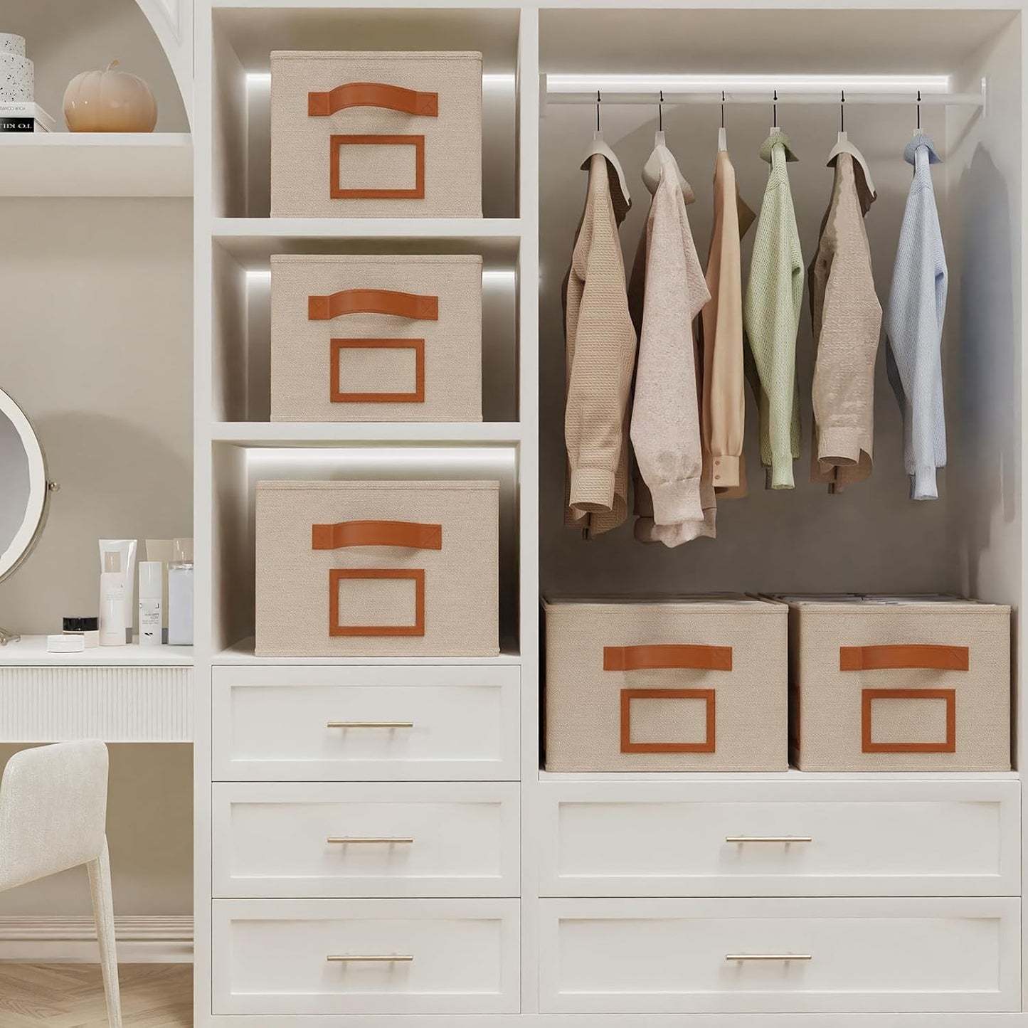 OUTBROS Foldable Storage Box for Shelves, 15 x 10.2 x 7.9 inch Fabric Baskets, Wardrobe Organiser with Handles, Suitable for Storing Clothes, Books, Cosmetics (Beige, 3-Pack)