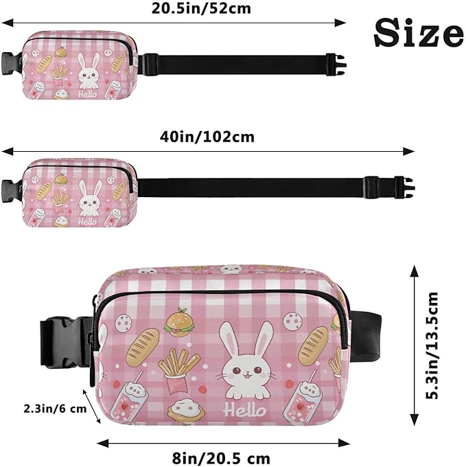 Kawaii Pink Checkered Bunny French Fries Fanny Pack for Women Men Water Resistant Fashion Waist Packs with Adjustable Strap Belt Bag for Travel Workout Jogging Hiking 21219119