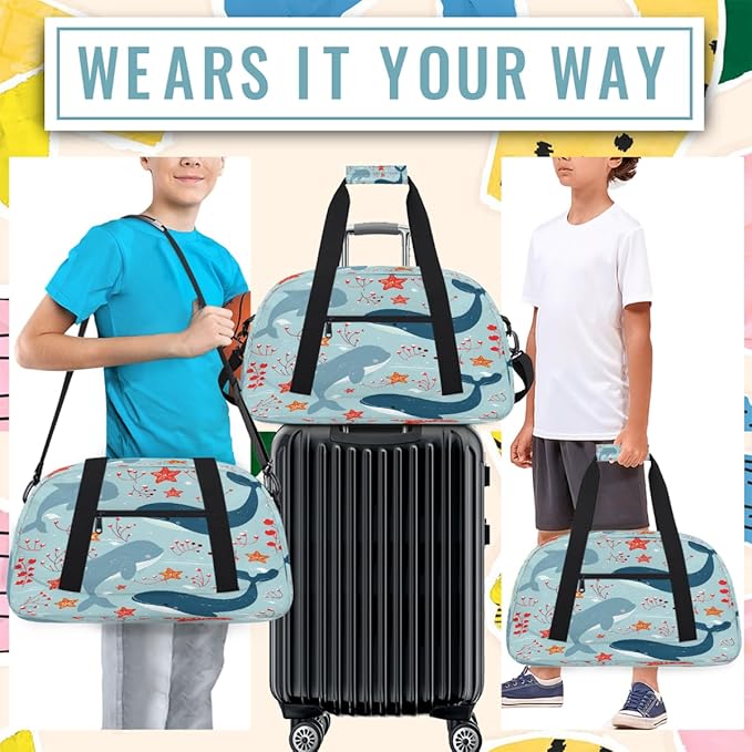 Gym Bag for Women Men, Cute Whale Ocean Pattern Travel Duffle Bags for Dance Ballet Overnight, Carry-On Weekender Bag with Detachable Shoulder Strap