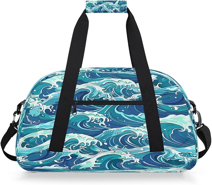 Blue Ocean Wave Pattern Sports Duffel Bags, Water-Resistant Gym Duffle Bag for Men Women, Lightweight Weekender Overnight Bag for Fitness, Workout, Travel